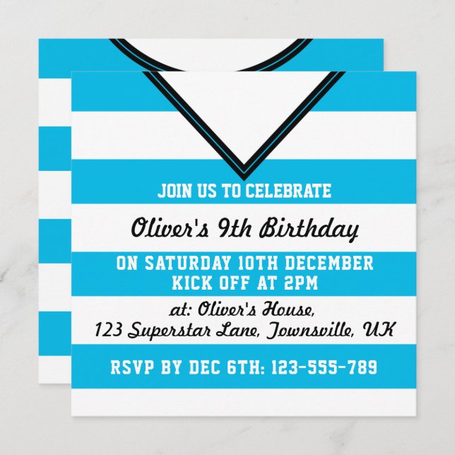 Soccer Jersey Themed Party Invites Template, Blue (Front/Back)