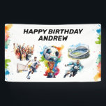 Soccer Kids Birthday Party Banner<br><div class="desc">Let's Kick Up the Fun! Create the backdrop to your soccer themed birthday party with this banner. This design features illustrations of soccer balls,  cleats,  trophies,  players,  fans,  stadium,  soccer goals and more. Choose instant download option for quick turnaround times.</div>