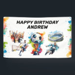 Soccer Kids Birthday Party Banner<br><div class="desc">Let's Kick Up the Fun! Create the backdrop to your soccer themed birthday party with this banner. This design features illustrations of soccer balls,  cleats,  trophies,  players,  fans,  stadium,  soccer goals and more. Choose instant download option for quick turnaround times.</div>