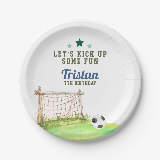 Soccer “Let’s Kick Up Some Fun” Any Age Birthday Paper Plate (Front)