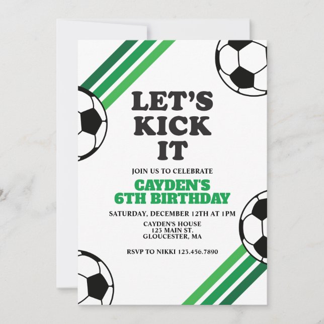 Soccer Let's Kick It Green Birthday Invitation (Front)