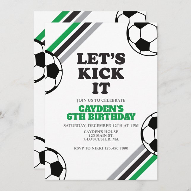 Soccer Let's Kick It Green Birthday Invitation (Front/Back)