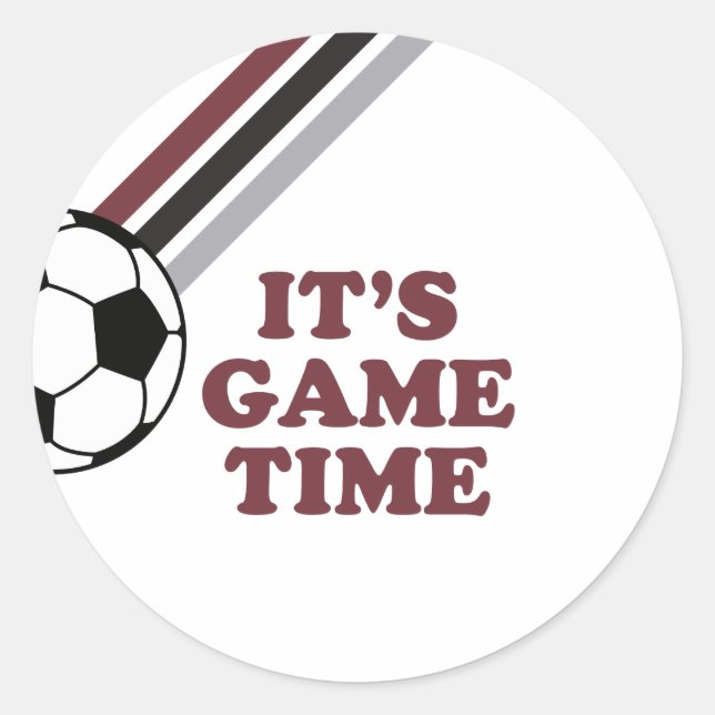 Soccer Maroon Stripes Game Time Birthday Classic Round Sticker (Front)