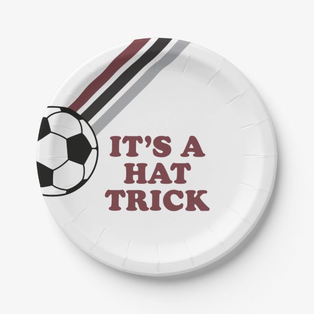 Soccer Maroon Stripes Hat Trick 3rd Birthday Paper Plate (Front)