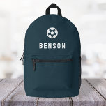 Soccer Modern Minimal Navy Blue Football Printed Backpack<br><div class="desc">A custom design on a navy blue background featuring a football motif icon in white which can be easily replaced by uploading your own logo, image or motif! The personalised monogram name in white modern block typography can be replaced with your own name or custom text. The perfect gift or...</div>
