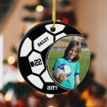 Soccer Name Jersey Number Photo Keepsake Ceramic Tree Decoration<br><div class="desc">This design features a soccer ball background with space for a name, number and photo. Click the customise button for more flexibility in adjusting the text! Variations of this design as well as coordinating products are available in our shop, zazzle.com/store/doodlelulu. Contact us if you need this design applied to a...</div>