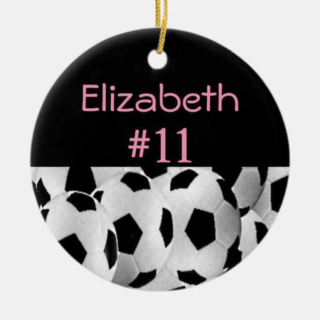 Soccer Name Number Pink Ceramic Tree Decoration (Front)