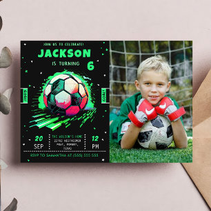 Soccer Neon Birthday Photo Invitation 