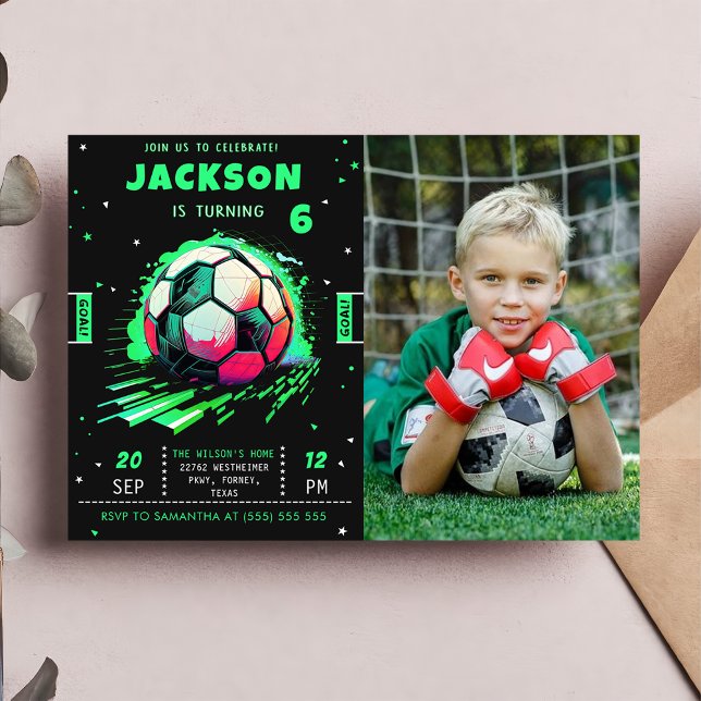 Soccer Neon Birthday Photo Invitation  (Creator Uploaded)