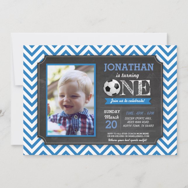 Soccer Party Foot ball 1st Birthday Photo Invite (Front)