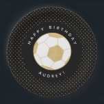 Soccer Party Personalised Name Black Gold Paper Plate<br><div class="desc">This party plate featuring a gold soccer ball will delight the soccer (or football) lover in your life. Text is customisable. Part of a collection from Parcel Studios. *The gold foil detail is simulated. Real foil will not be used in the final product.</div>