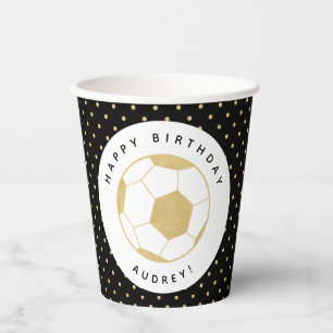 Soccer Party Sports Custom Name in Gold and Black Paper Cups