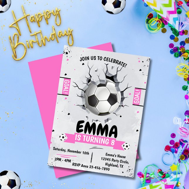 Soccer Pink Birthday Invitation (soccer girl pink birthday invitations for kids)