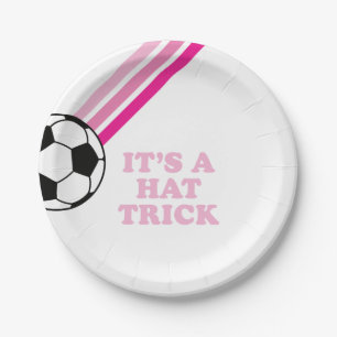 Soccer Pink Stripes Hat Trick Birthday Paper Plate