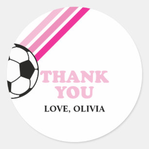 Soccer Pink Stripes Thank You Birthday Classic Round Sticker