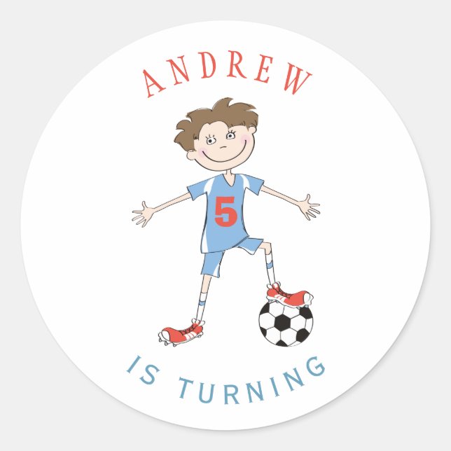 Soccer player 5 years boy sports birthday party classic round sticker (Front)