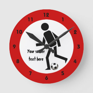 Soccer player and ball black and red round clock