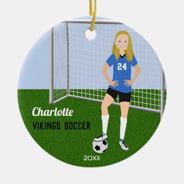 Soccer Player Blonde In Blue Ceramic Tree Decoration (Front)