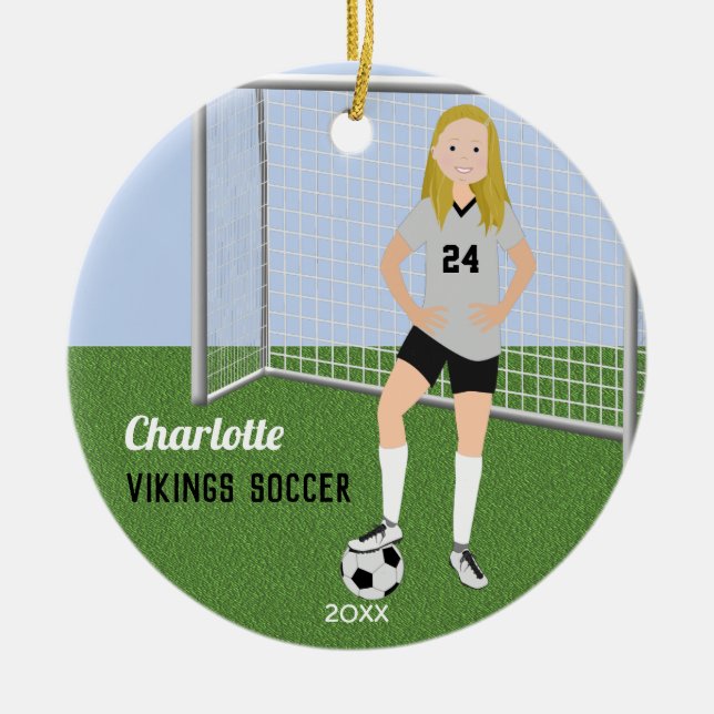 Soccer Player Blonde In Grey and Black Ceramic Tree Decoration (Front)
