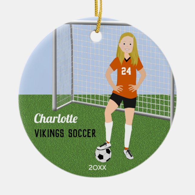 Soccer Player Blonde In Orange Ceramic Tree Decoration (Front)