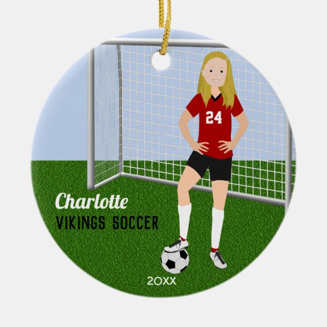 Soccer Player Blonde In Red Ceramic Tree Decoration (Front)