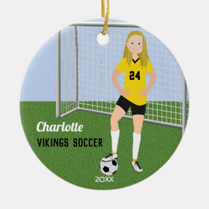 Soccer Player Blonde In Yellow and Black Ceramic Tree Decoration