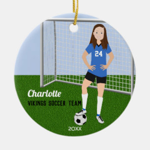 Soccer Player Brunette In Blue Ceramic Tree Decoration