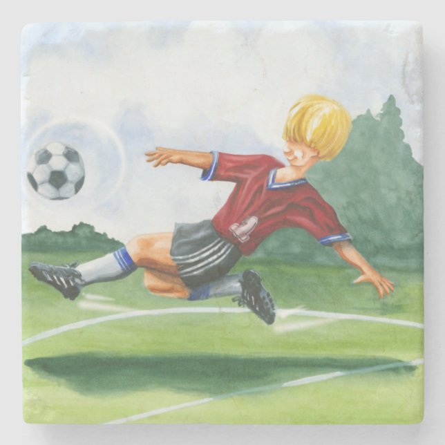 Soccer Player Kicking a Ball by Jay Throckmorton Stone Coaster (Front)