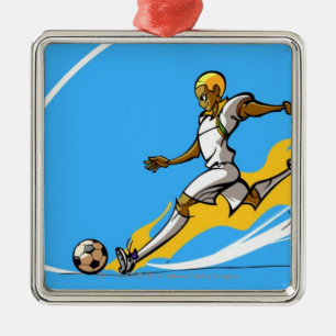 Soccer player kicking a soccer ball metal tree decoration