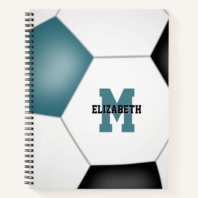 soccer player monogram teal black notebook (Front)