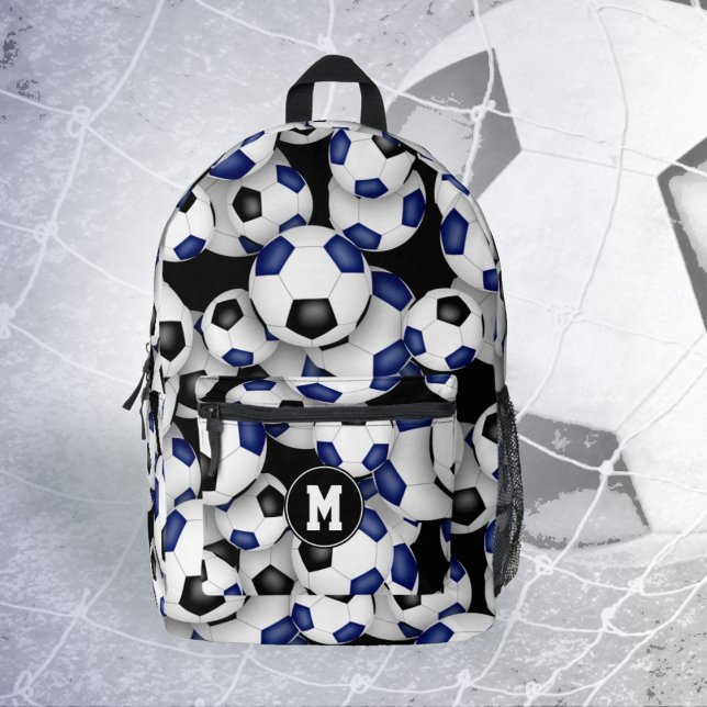 soccer player monogrammed blue black team colours printed backpack (Creator Uploaded)