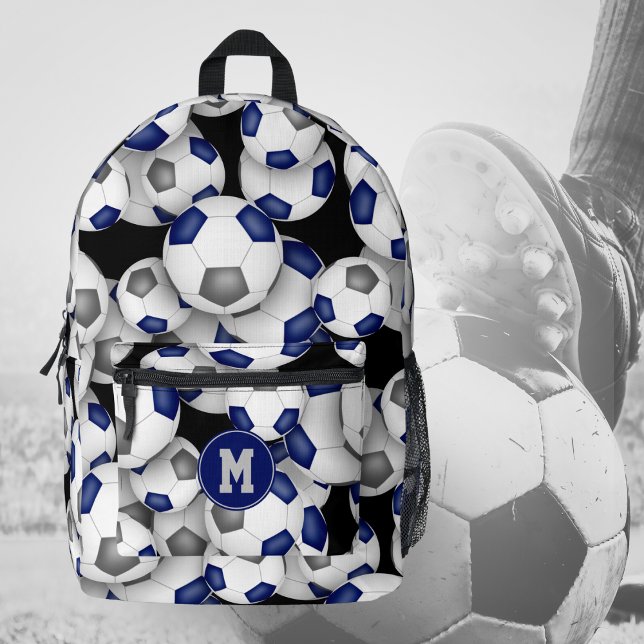 soccer player monogrammed blue grey team colours printed backpack (Front view soccer balls pattern backpack with blue & gray team colors soccer balls)