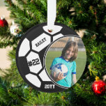Soccer Player Name Number Photo Keepsake Ornament<br><div class="desc">This design features a soccer ball background with space for a name, number and photo. Click the customise button for more flexibility in adjusting the text! Variations of this design as well as coordinating products are available in our shop, zazzle.com/store/doodlelulu. Contact us if you need this design applied to a...</div>