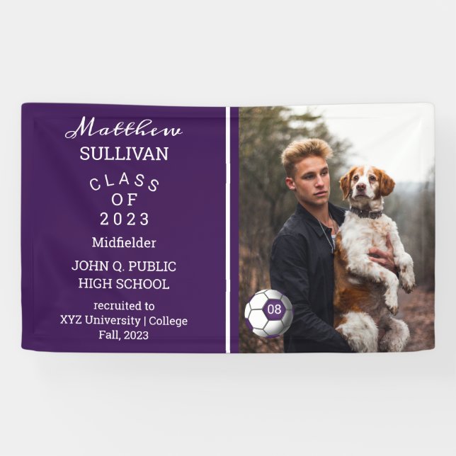 Soccer Player Photo Purple Graduation Banner (Horizontal)