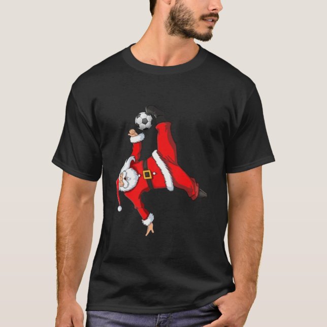 Soccer Player Santa Claus Bicycle Kick Soccer Chri T-Shirt (Front)