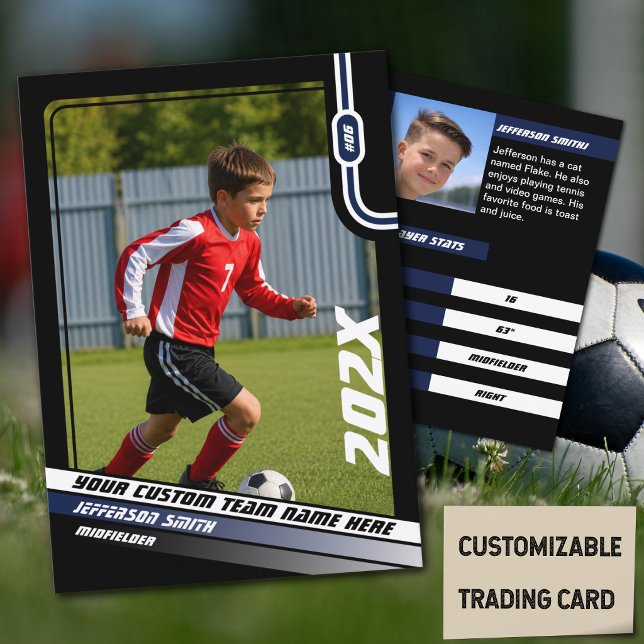 Soccer Player Trading Card in Black Blue (Soccer Player Trading Card in Black with Custom Team Name and Blue White Elements)