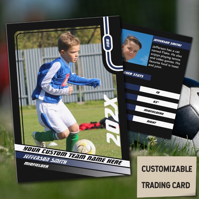 Soccer Player Trading Card in Black Blue (Soccer Player Trading Card in Black with Custom Team Name and Blue White Elements)
