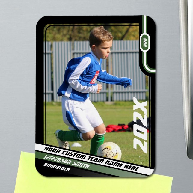 Soccer Player Trading Card in Black Green Magnet (Soccer Player Magnet in Black with Custom Team Name and Dynamic Green White Elements)