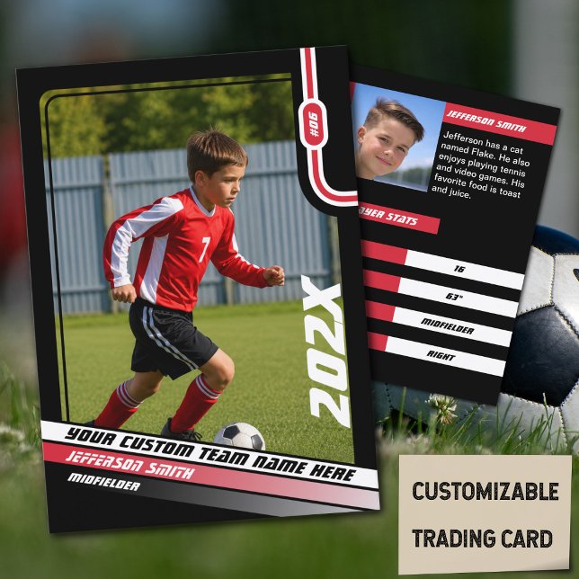 Soccer Player Trading Card in Black Red (Soccer Player Trading Card in Black with Custom Team Name and Red White Elements)