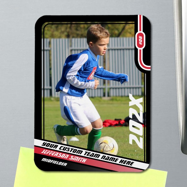 Soccer Player Trading Card in Black Red Magnet (Soccer Player Magnet in Black with Custom Team Name and Dynamic Red White Elements)