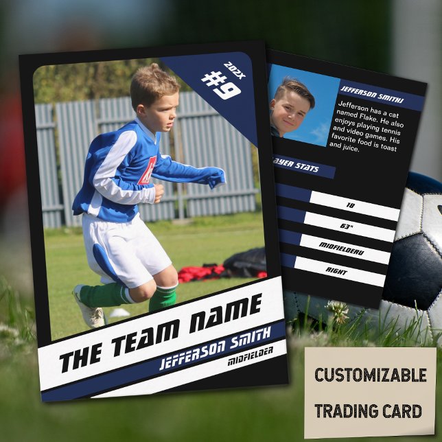 Soccer Player Trading Card in Vigourous Blue Black (Soccer Player Trading Card in Black with Custom Team Name and Vibrant Blue White Elements)