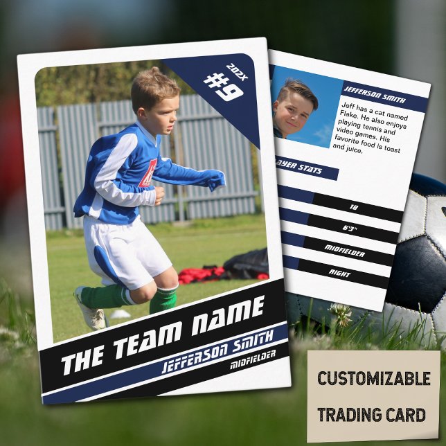 Soccer Player Trading Card in Vigourous Blue White (Soccer Player Trading Card in White with Custom Team Name and Blue Black Elements)