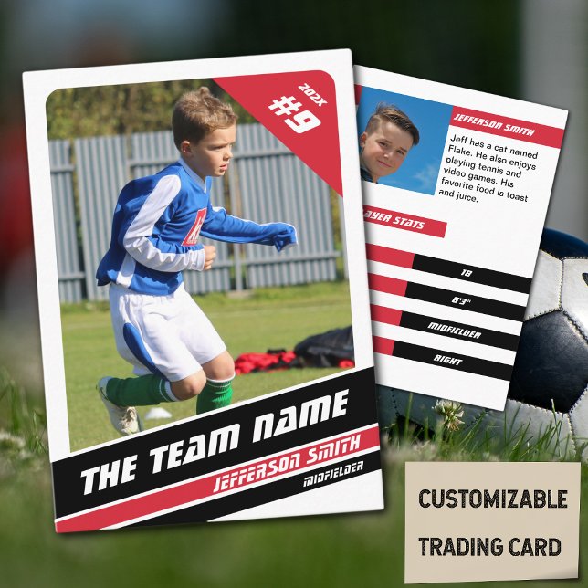 Soccer Player Trading Card in Vigourous Red White (Soccer Player Trading Card in White with Custom Team Name and Red Black Elements)