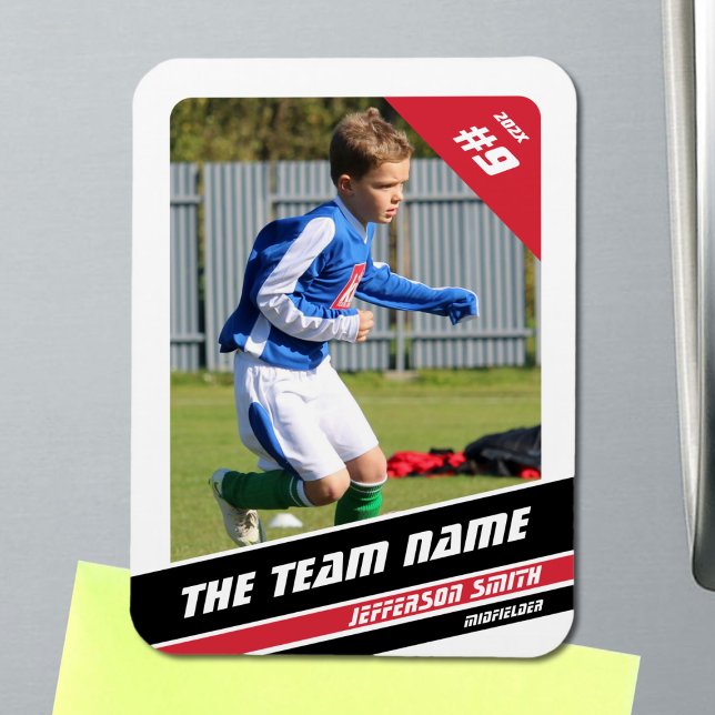 Soccer Player Trading Card in Vigourous Red White Magnet (Soccer Player Magnet in White with Custom Team Name and Red Black Elements)