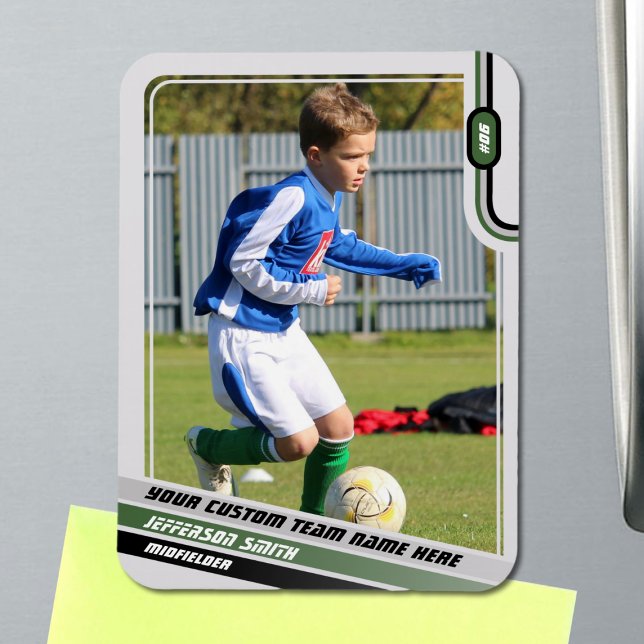 Soccer Player Trading Card Light Grey Green Magnet (Soccer Player Magnet in Light Grey with Custom Team Name and Green Black Elements)