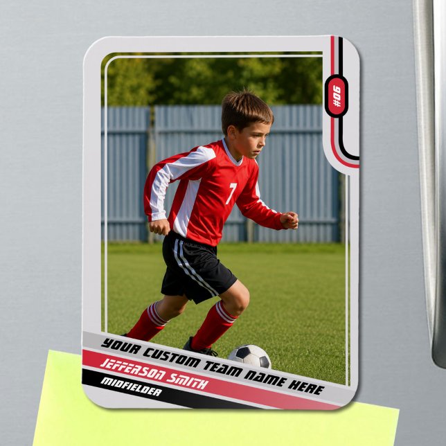 Soccer Player Trading Card Light Grey Red Magnet (Soccer Player Magnet in Light Grey with Custom Team Name and Red Black Elements)