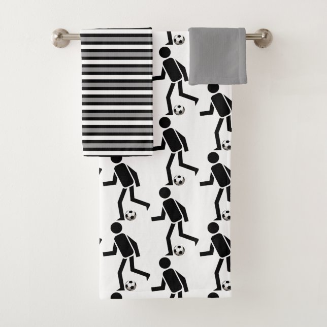 Soccer player with ball and black, grey stripes bath towel set (Insitu)