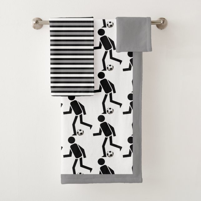 Soccer player with ball, black grey stripes border bath towel set (Insitu)