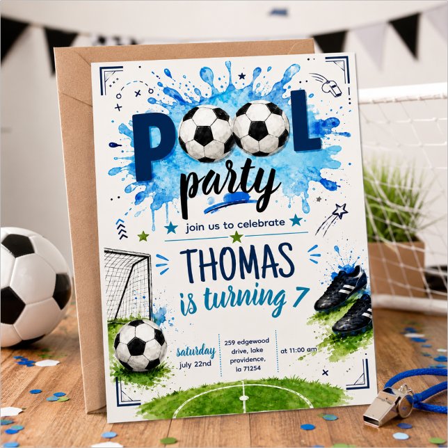 Soccer Pool Party Birthday Invitation Template (Creator Uploaded)