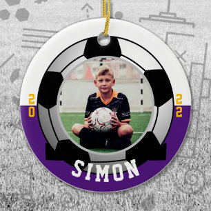 Soccer Purple White Team Colours Ceramic Tree Decoration